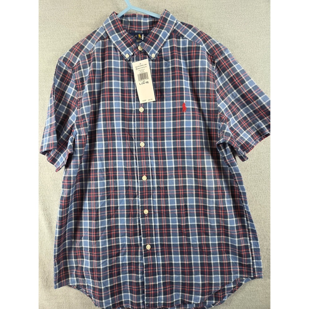 Polo Ralph Lauren Boys L Button Up Shirt Short Sleeve Blueā Red Plaid Pony NEW